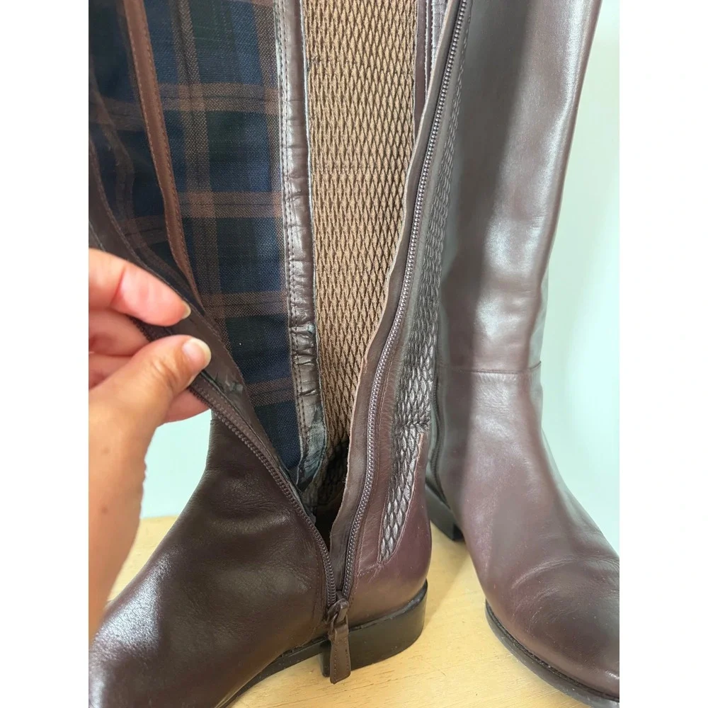 Cole Haan Rockland Brown Leather Woven Stretch Back Tall Riding Boots Size 6